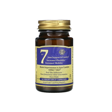 A bottle of Solgar No. 7 Joint Support & Comfort 30 vegetable capsules, promoting joint comfort and flexibility, on a white background.